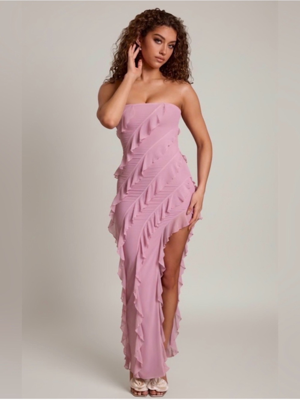 Oh Polly Nevali Bandeau Ruffle Detail Maxi Dress in Dusty Pink size 6